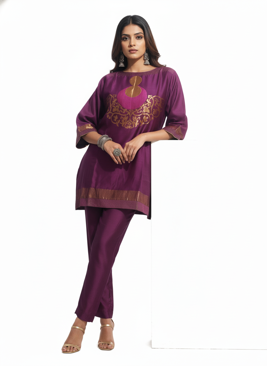 Semi Stitched Chanderi Zariwoven Short Tunic