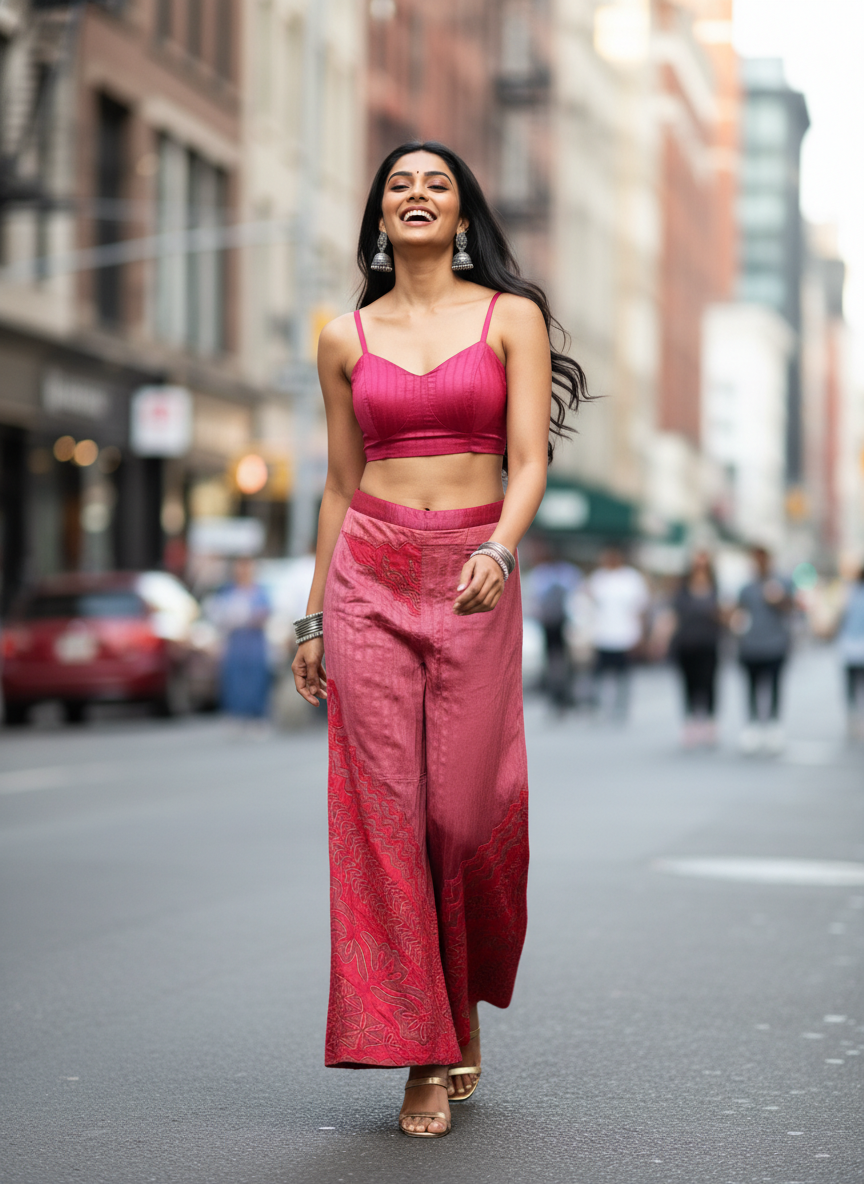 Woman in a pink plazzo walking on a city street