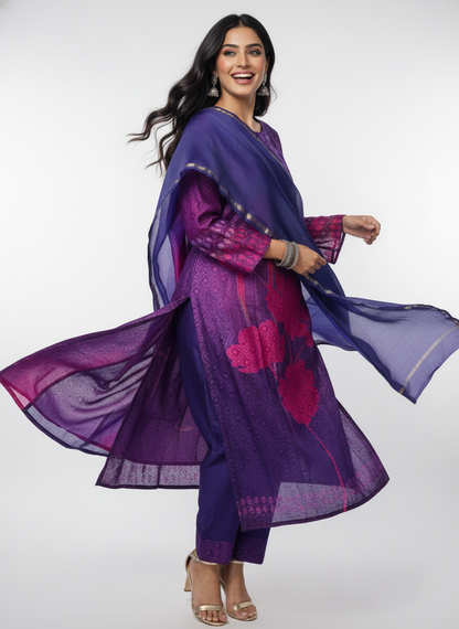 Semi Stitched Brocade Chanderi Casual Suitset