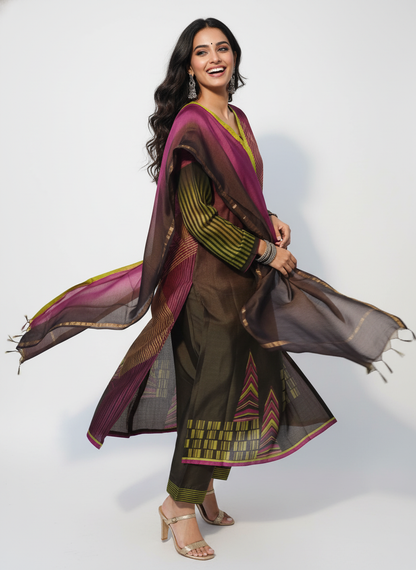 Semi Stitched Chanderi Casual Suitset