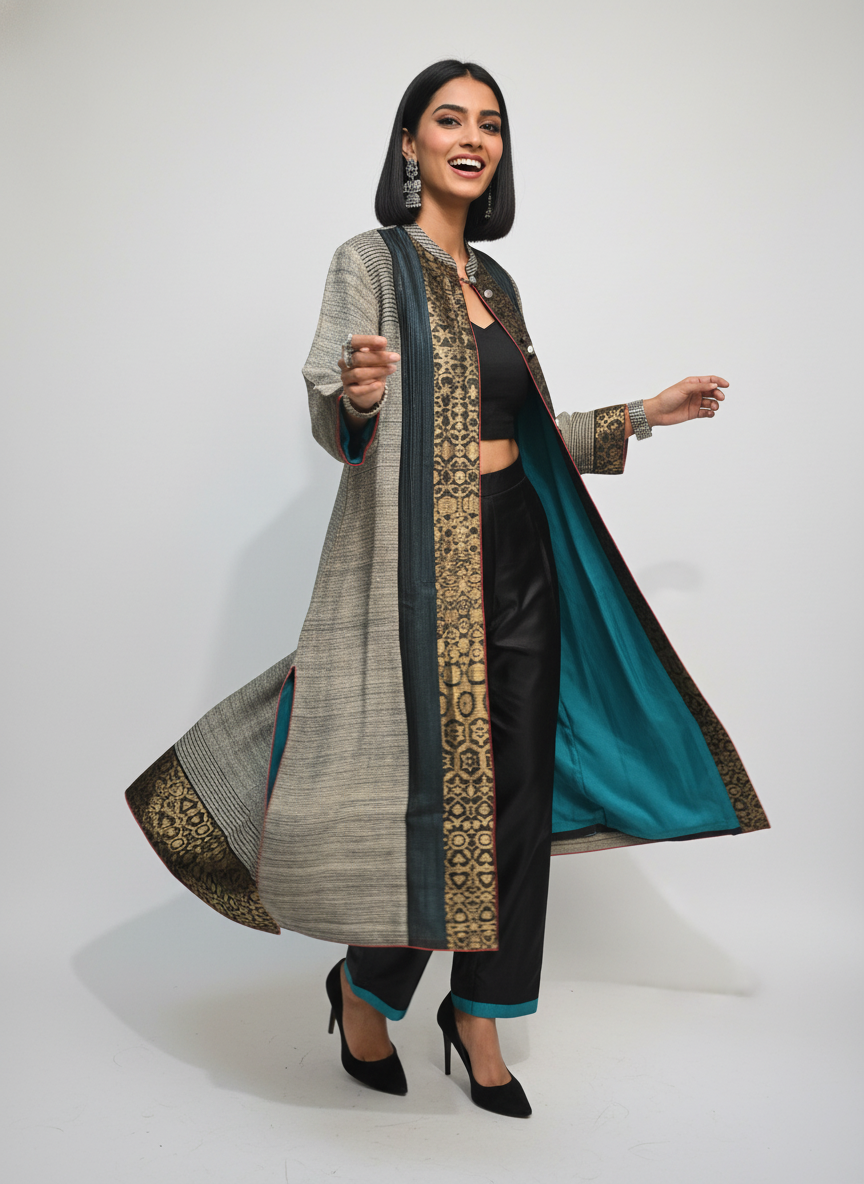 Stitched tassar silk long Jacket