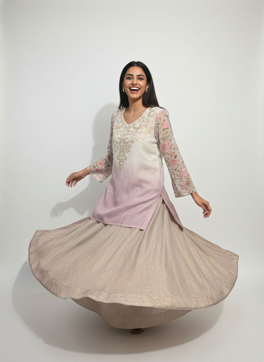 Stitched embroidered textured gold lilac skirt set