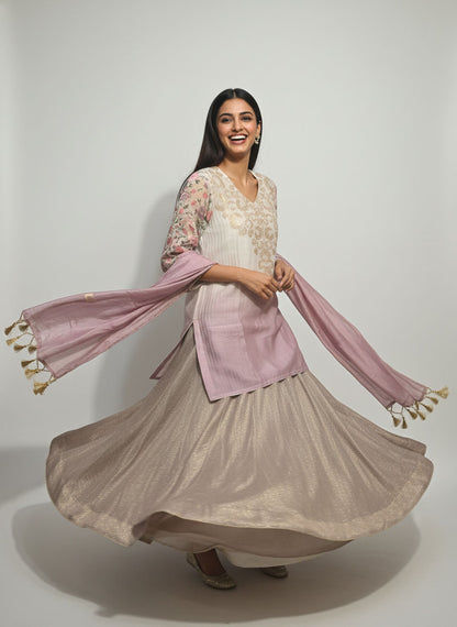 Stitched embroidered textured gold lilac skirt set