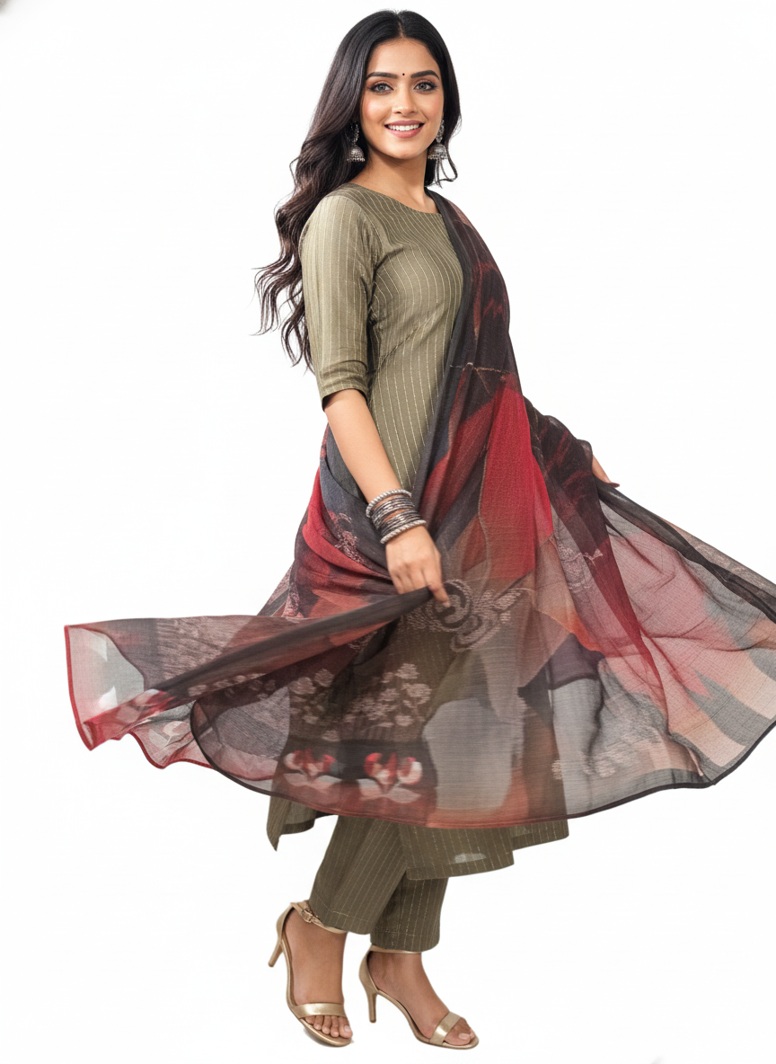 Semi Stitched Chanderi Casual Suitset