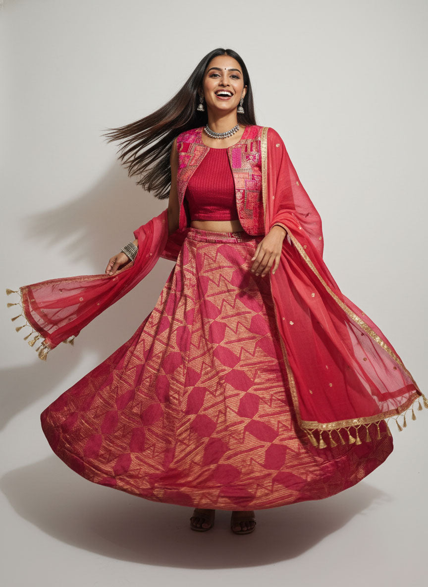 Stitched Chanderi brocade skirt set