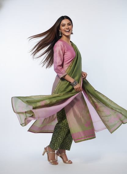 Semi Stitched Chanderi Casual Suitset