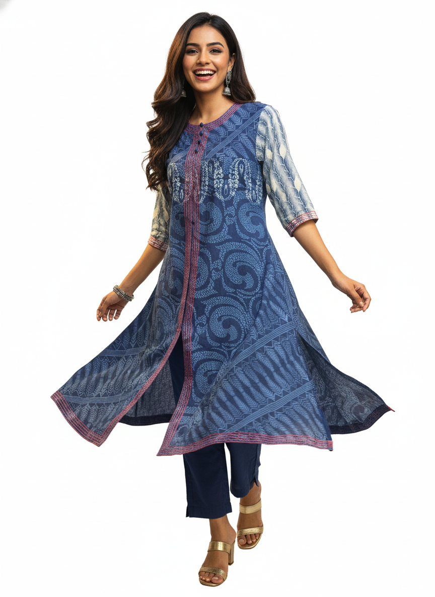 Semi Stitched Cotton Indigo blockprinted Kurta