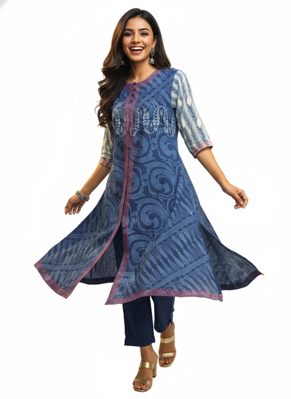 Semi Stitched Cotton Indigo blockprinted Kurta