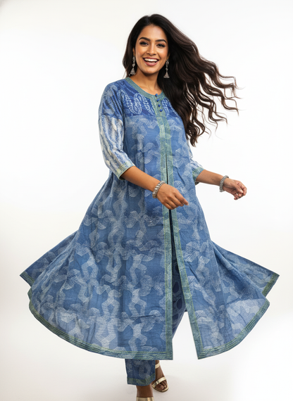 Semi Stitched Cotton Indigo blockprinted Kurta