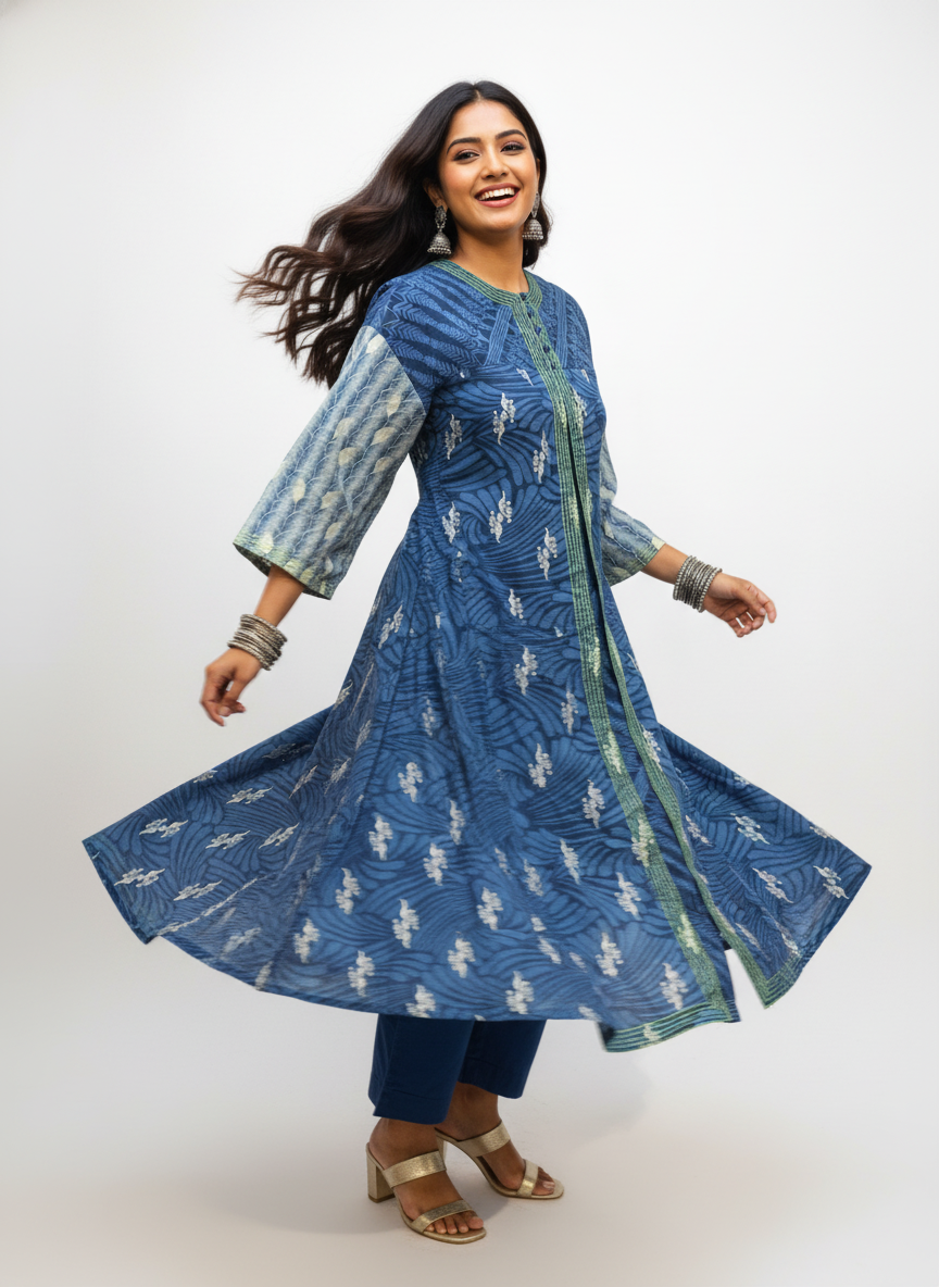 Semi Stitched Cotton Indigo blockprinted Kurta