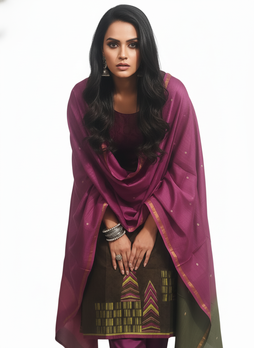 Semi Stitched Chanderi Casual Suitset