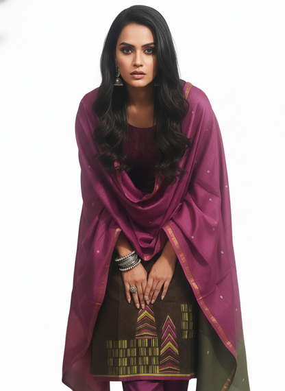 Semi Stitched Chanderi Casual Suitset