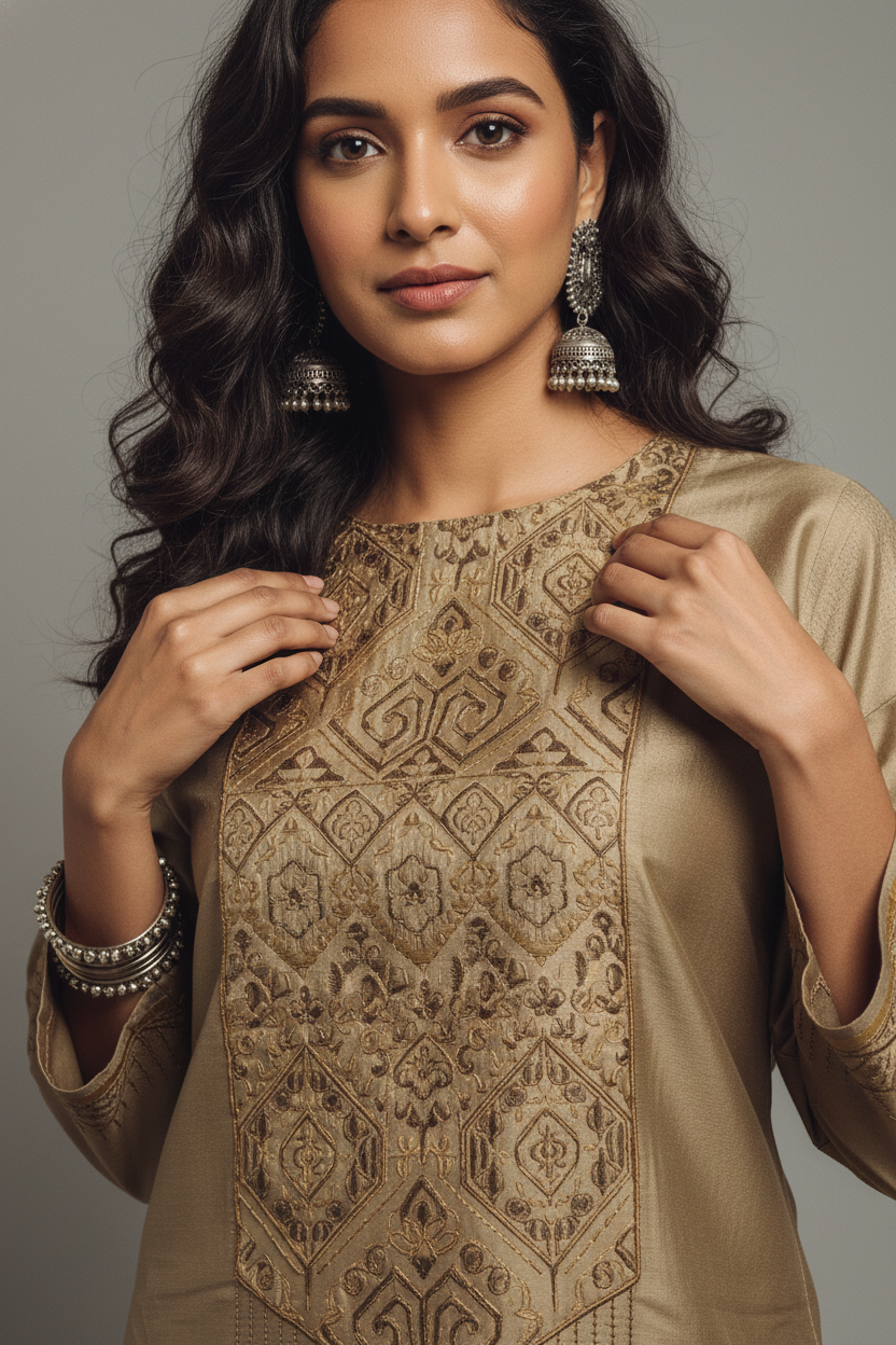 Semi Stitched Chanderi Ajrakh Short Tunic