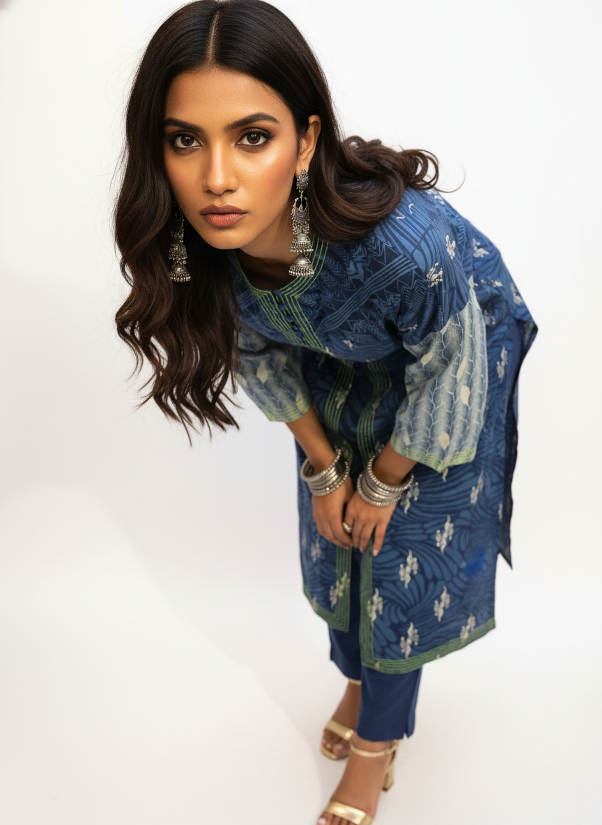 Semi Stitched Cotton Indigo blockprinted Kurta