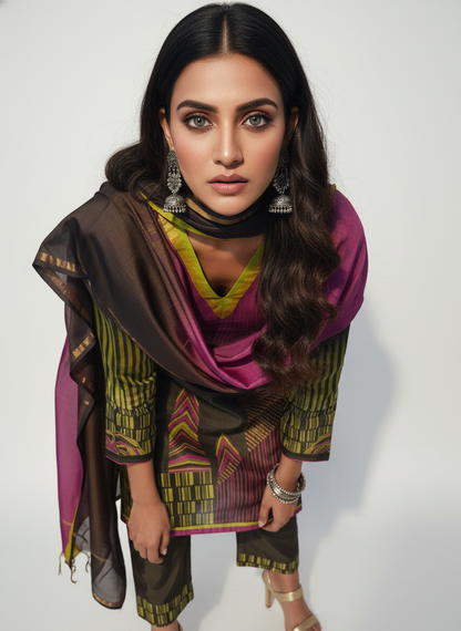 Semi Stitched Chanderi Casual Suitset