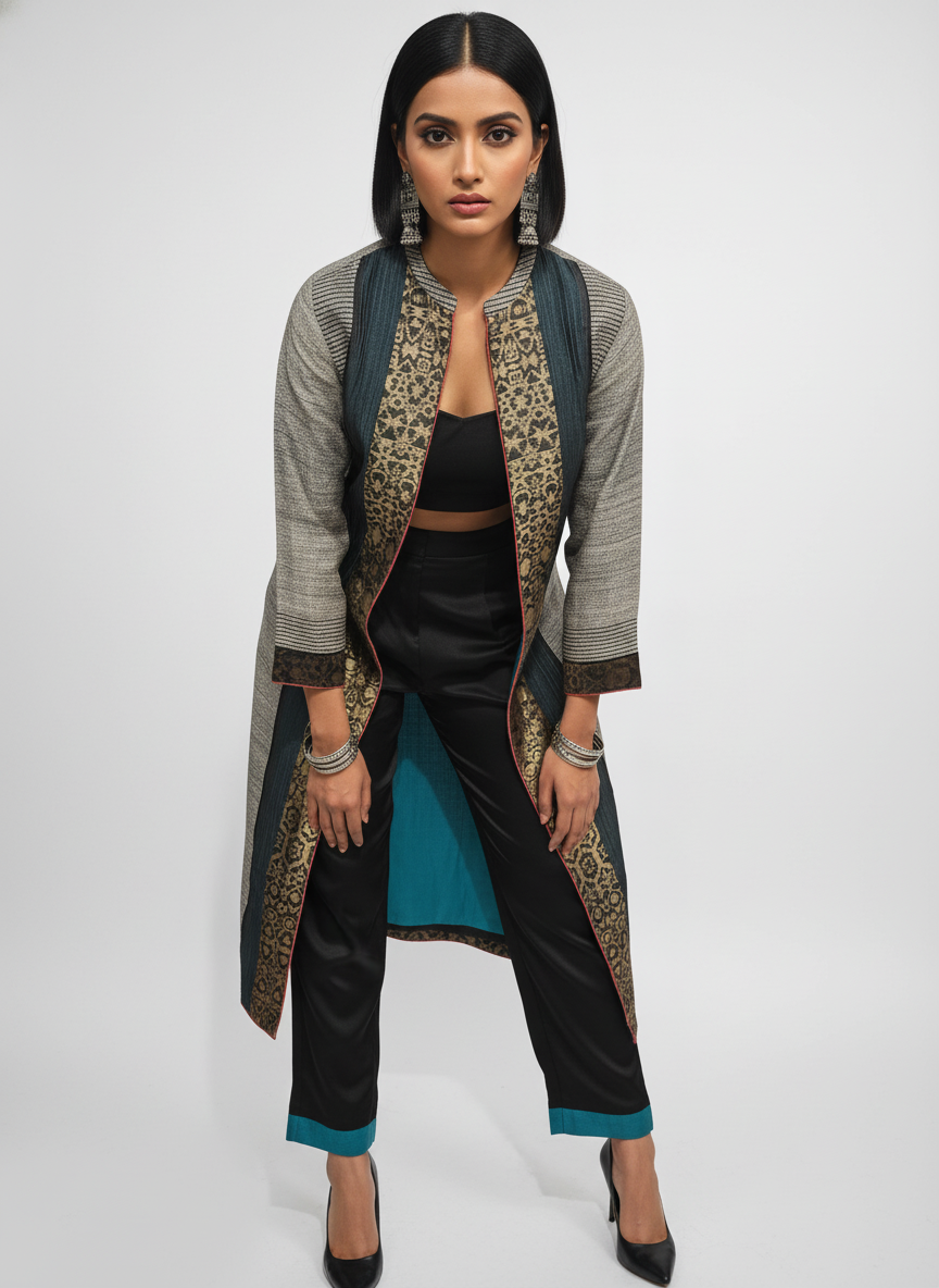 Stitched tassar silk long Jacket