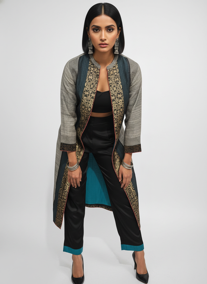 Stitched tassar silk long Jacket