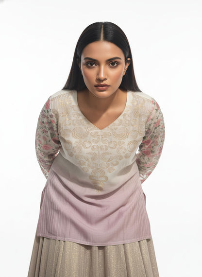 Stitched embroidered textured gold lilac skirt set