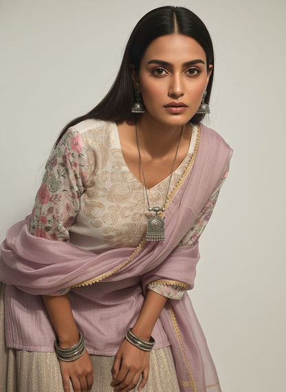 Stitched embroidered textured gold lilac skirt set