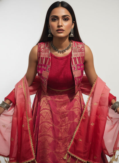 Stitched Chanderi brocade skirt set