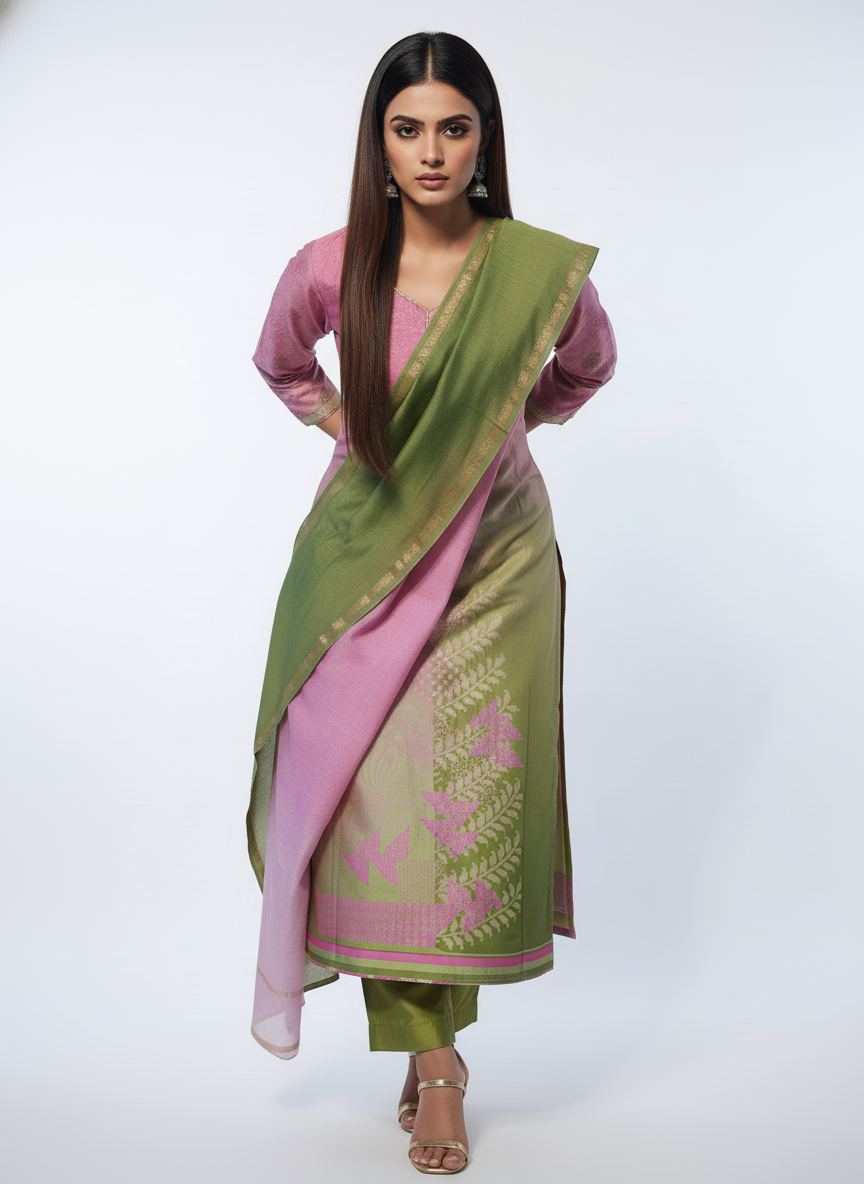 Semi Stitched Chanderi Casual Suitset