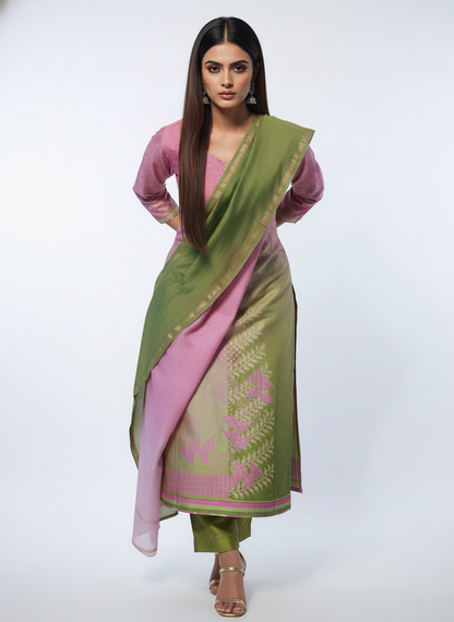 Semi Stitched Chanderi Casual Suitset