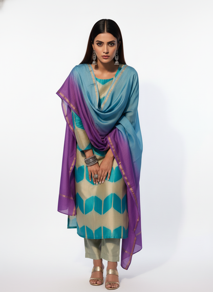 Semi Stitched Chanderi Casual Suitset