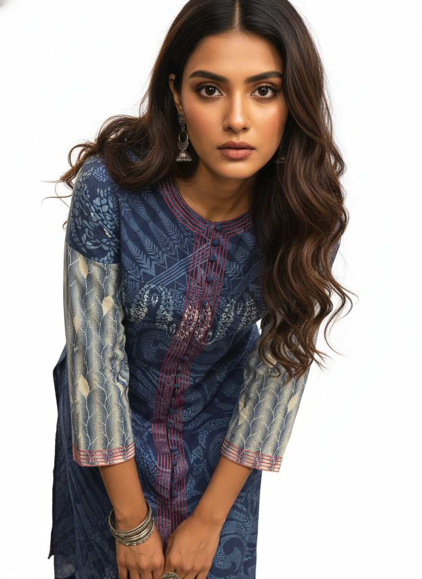 Semi Stitched Cotton Indigo blockprinted Kurta