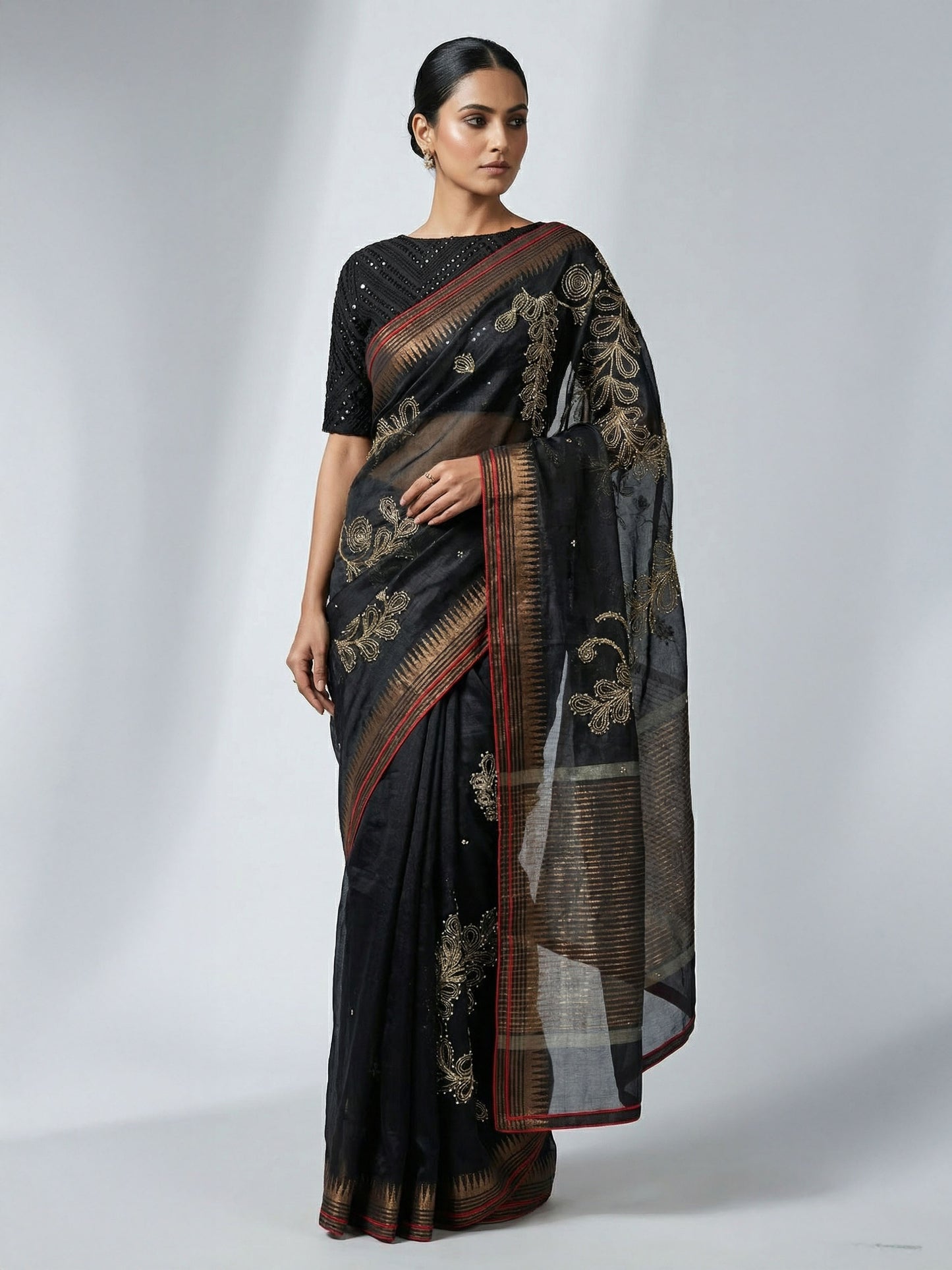 Formal silk linen embroidered Saree