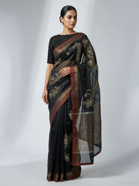 Formal silk linen embroidered Saree