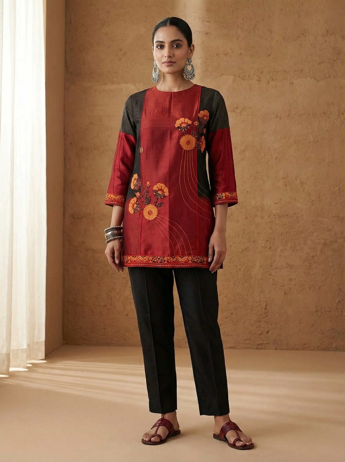 Semistitched Chanderi Ajrakh Short Tunic