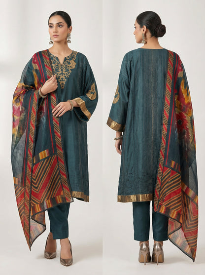 Semi Stitched Casual Chanderi Suitset