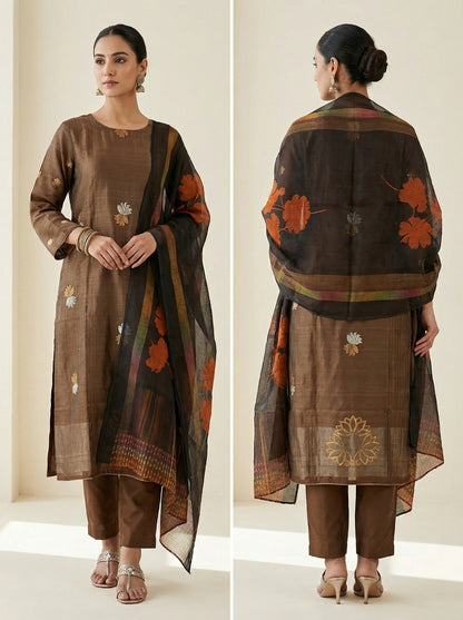 Semi Stitched Casual Chanderi Suitset