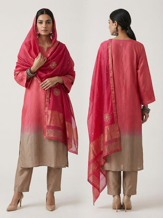 Semi Stitched Casual Chanderi Suitset