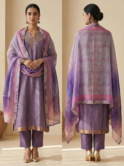 Semi Stitched Casual Chanderi Suitset
