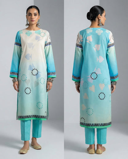 Woman wearing a light blue and white traditional outfit with floral patterns, shown from front and back.