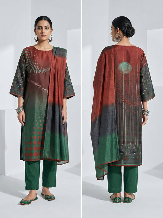 Semi Stitched Casual Chanderi Suitset