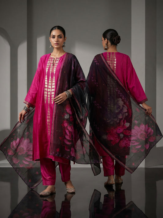 Semi Stitched Chanderi Formal Suitset