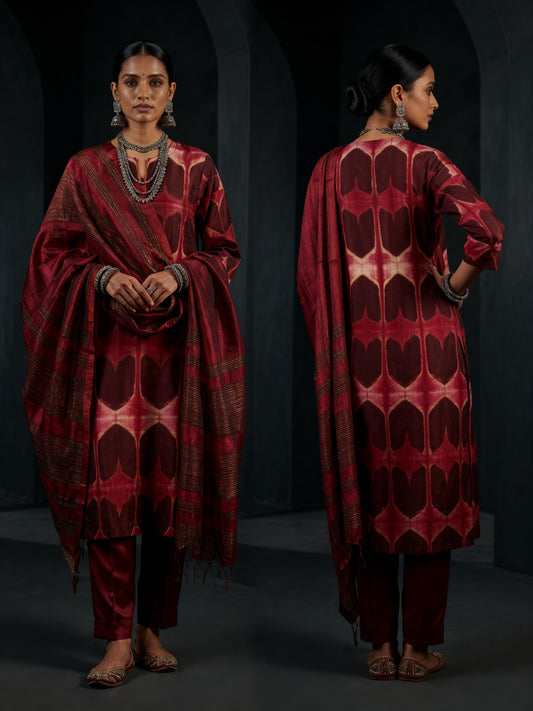 Woman wearing a red patterned kurta with red dupatta on a dark background