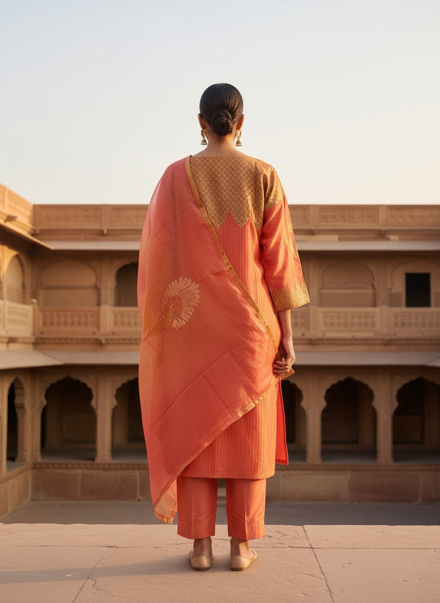 Person wearing a traditional peach suit standing in front of architectural structures.